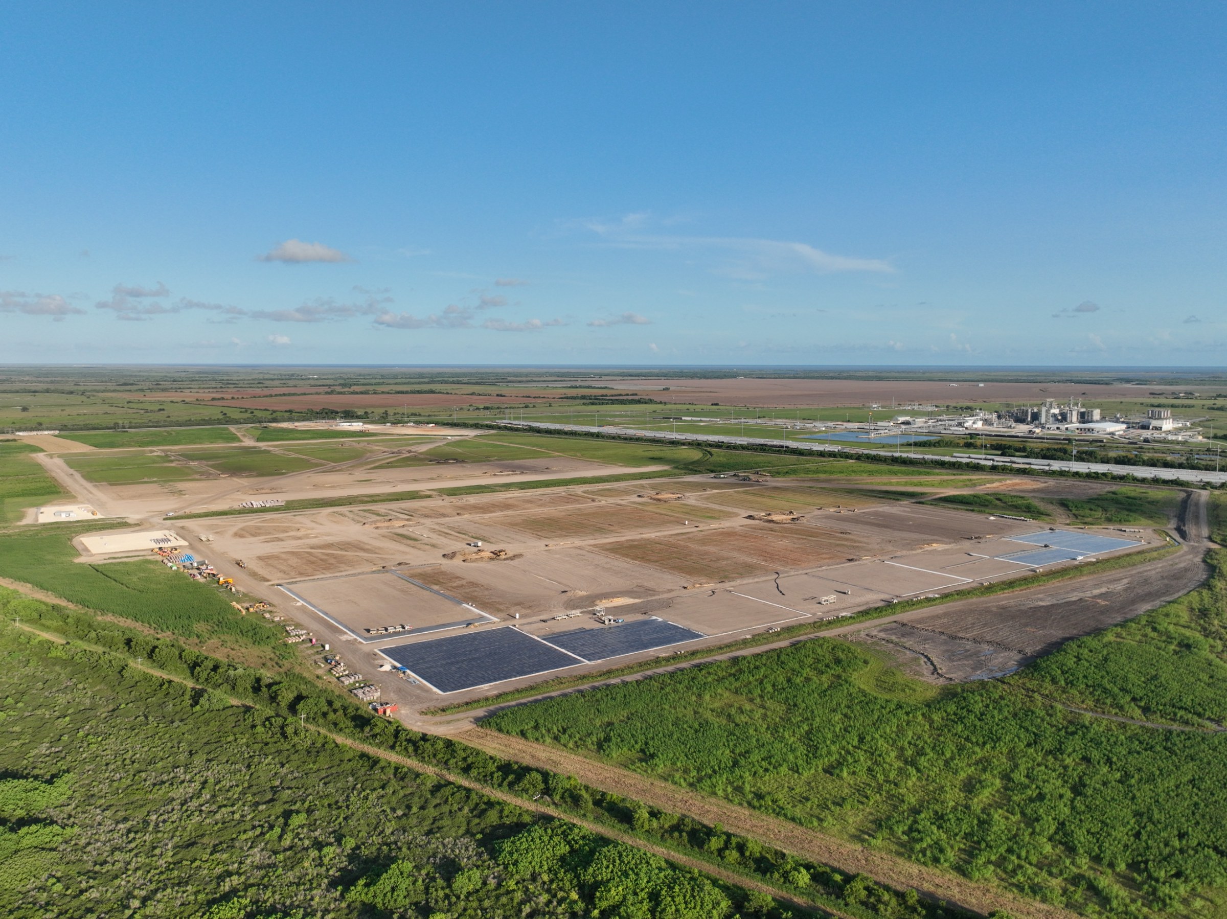 Project Bravo under construction, Matagorda County TX — LyondellBasell complex on the horizon